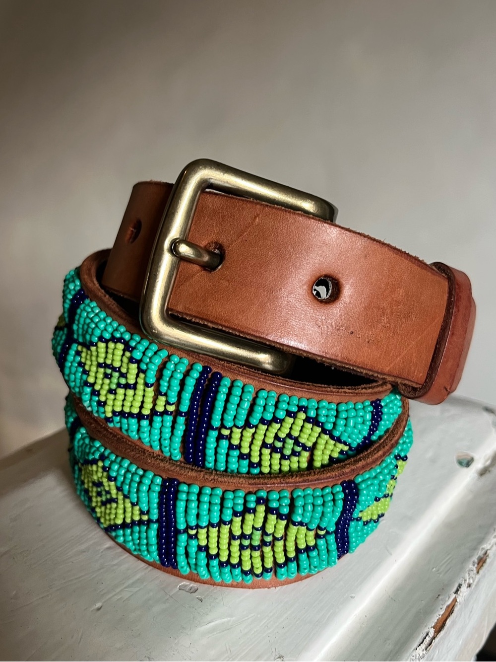 ASPIGA Kilifi Blue Green Pattered Beaded Leather Belt